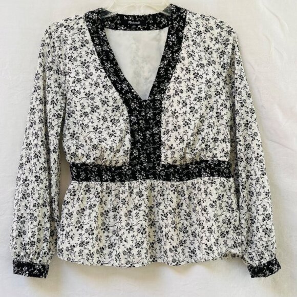 Madewell Blouse Womens XS Floral V Neck Long Sleeves Peplum Trim Cottage Party - Picture 1 of 10